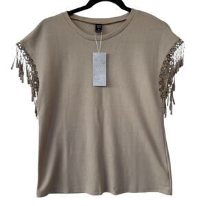 Emery Rose Boho Sleeveless Top Womens Sz M Tan Waffle Knit Crocheted Tassled